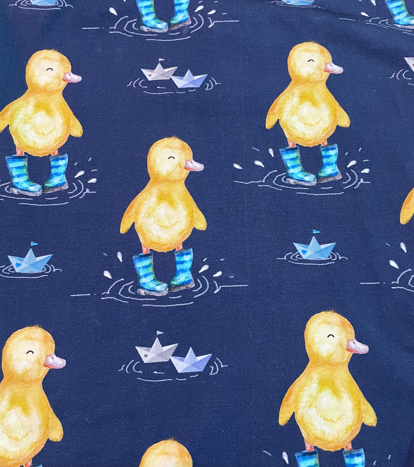 Ducks in blue wellies on navy