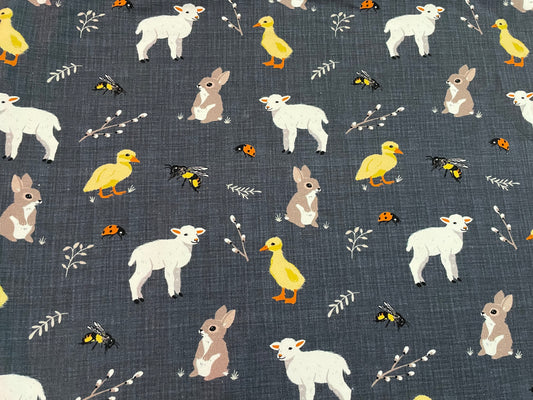 Farm animals navy linen 5y+